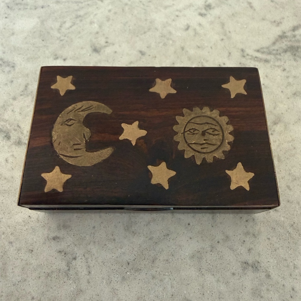 Sun and Moon Celestial Brass Wood Trinket Box